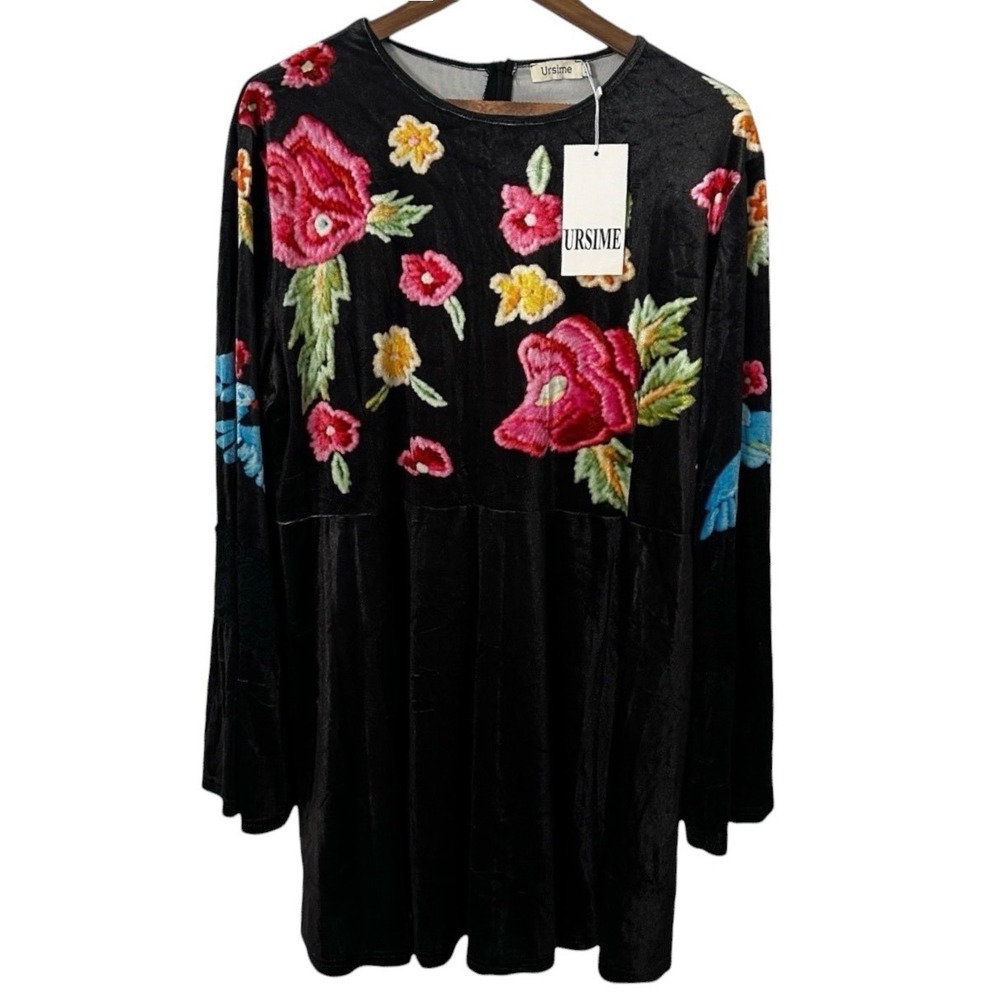 Ursime Black Velvet Floral Lace Bell Sleeve Tunic Dress 4XL NWT Boho Babydoll